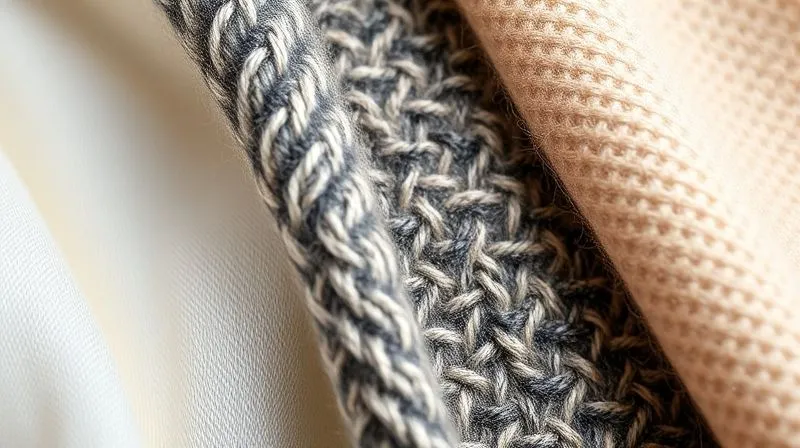 A close-up, photorealistic image of three distinct fabric swatches: one of raw silk with a slight sheen, one of tightly woven wool tweed, and one of soft cashmere, each with a different texture clearly visible. Cinematic lighting highlights the fibers, sharp focus, depth of field. 8K hyper-detailed, professional photography, shot on a high-end DSLR.
