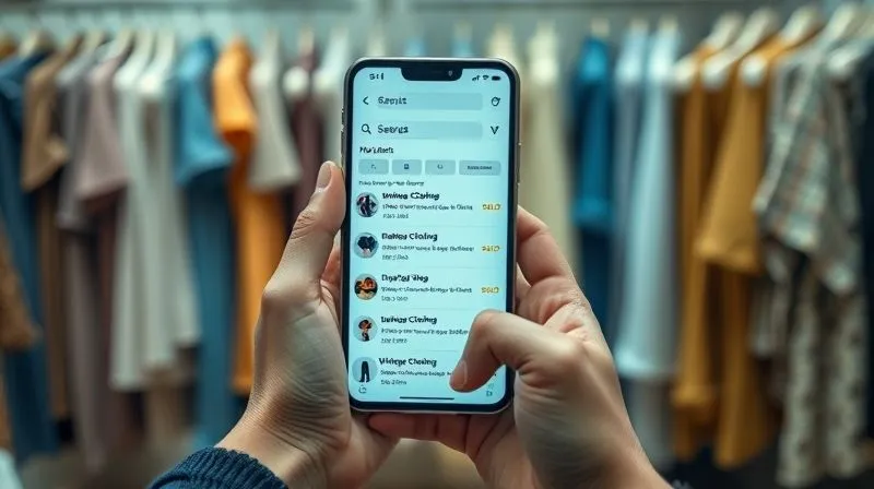 A photorealistic image of a person's hands holding a smartphone displaying a search results page on an online marketplace showing multiple "sold" listings for vintage clothing items, with prices and dates visible. The background is a blurred rack of vintage clothes in a thrift store. Cinematic lighting, sharp focus on the phone screen, depth of field. 8K hyper-detailed, professional photography, shot on a high-end DSLR.