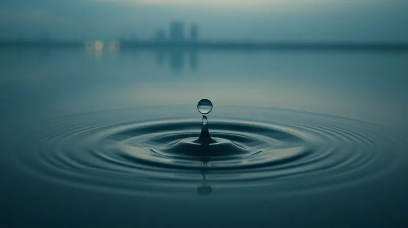 A photorealistic, professional photography, 8K, cinematic lighting, sharp focus, depth of field, shot on a high-end DSLR, depicting a single, subtle ripple expanding across a dark, still pool of water, reflecting a faint, distant cityscape. The ripple symbolizes an emerging micro-trend, almost imperceptible but with potential. The mood is contemplative and observant.