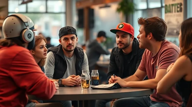 A photorealistic, professional photography, 8K, cinematic lighting, sharp focus, depth of field, shot on a high-end DSLR, depicting a diverse group of people from different subcultures (e.g., skater, artist, musician, tech enthusiast) engaged in a vibrant, casual conversation in an urban cafe. Their clothing subtly hints at emerging styles. The mood is collaborative and insightful, emphasizing human connection.