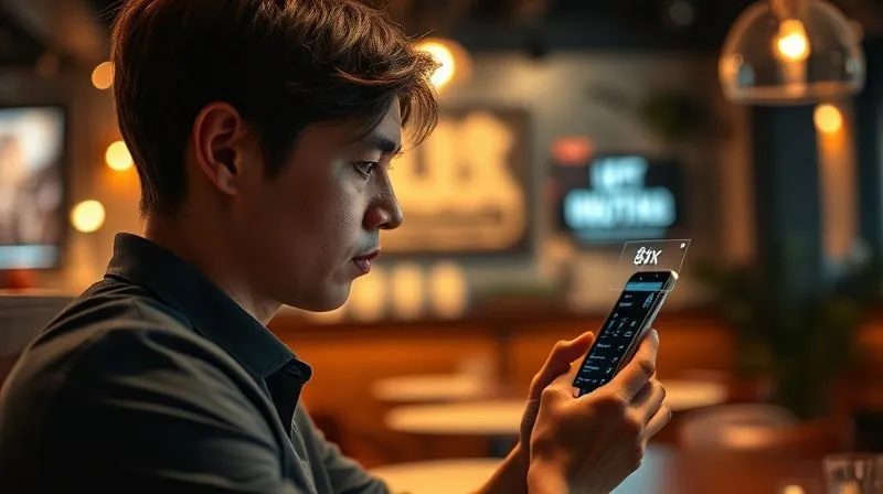 A photorealistic depiction of a person looking at a social media feed on a smartphone, with subtle holographic data overlays showing trends and hashtags, cinematic lighting, sharp focus on the phone, depth of field blurring a stylish, urban cafe background, 8K hyper-detailed.
