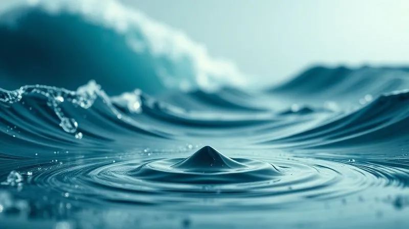 A photorealistic abstract representation of macro and micro trends, with large, slow-moving waves in the background (macro) and smaller, faster ripples in the foreground (micro) converging towards a central point, all under dramatic cinematic lighting, sharp focus on the convergence, depth of field blurring the distant waves, 8K hyper-detailed.