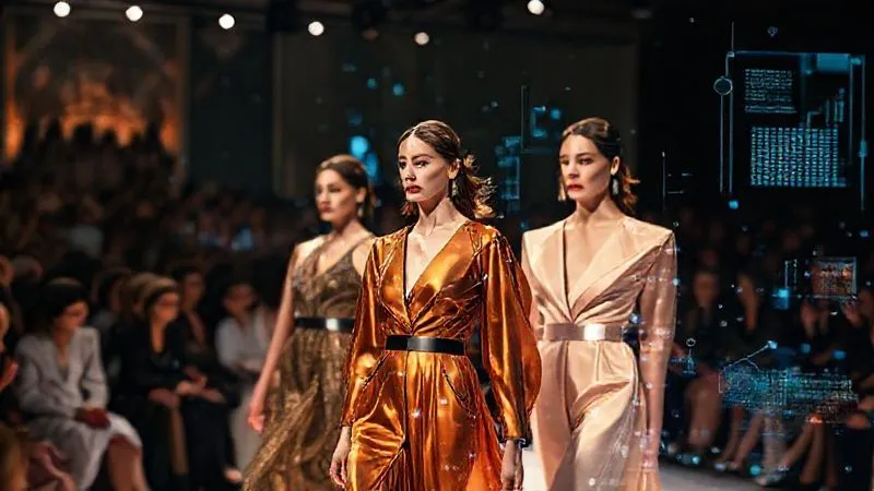 A photorealistic image of a luxury fashion runway, models in avant-garde but elegant outfits, with subtle holographic overlays indicating trend data points and cultural influences, cinematic lighting, sharp focus on models and overlays, depth of field blurring the audience, 8K, shot on a high-end DSLR, conveying a blend of art and data.