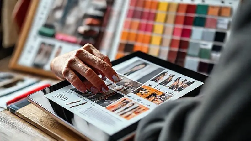 A photorealistic close-up of a fashion expert's hands meticulously analyzing runway show notes and high-resolution images on a tablet, with a mood board featuring fabric swatches and color chips in the background. Cinematic lighting, sharp focus on the hands and tablet, depth of field blurring the background, 8K, shot on a high-end DSLR, conveying detailed research and analysis.