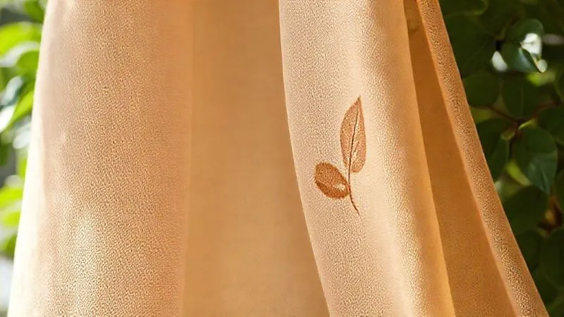 A photorealistic image of a luxurious fabric swatch, possibly made from recycled or innovative sustainable materials, with a subtle, elegant leaf motif embedded. The fabric is draped beautifully, catching soft, natural light, conveying both luxury and environmental consciousness. Sharp focus on the fabric texture, depth of field blurring a background of green foliage, 8K, shot on a high-end DSLR, professional photography.