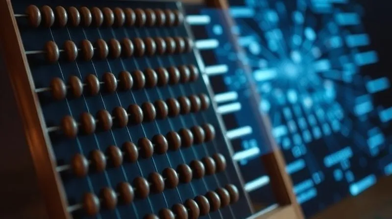 A photorealistic image of a vintage abacus juxtaposed with a modern holographic display showing complex algorithms, symbolizing the shift from old to new forecasting methods, cinematic lighting, sharp focus, depth of field, 8K hyper-detailed, shot on a high-end DSLR.
