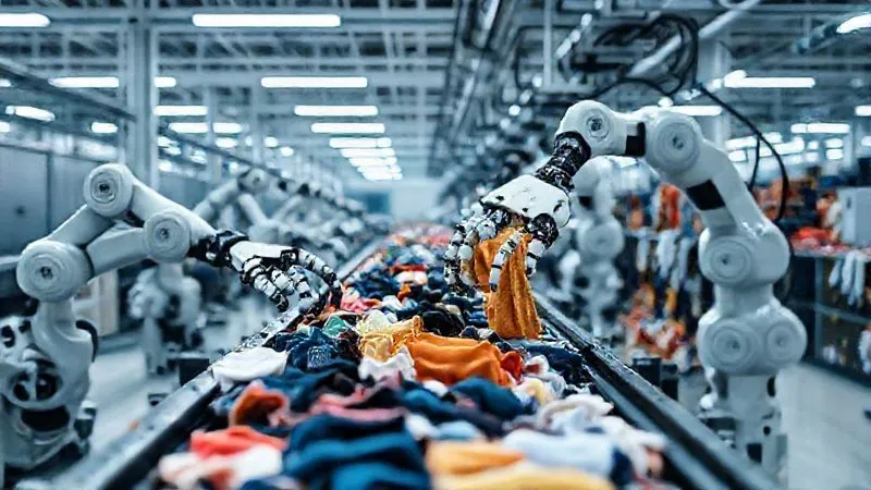 Photorealistic, professional photography, 8K, cinematic lighting, sharp focus, depth of field, shot on a high-end DSLR. A high-tech textile recycling facility with advanced robotic arms precisely sorting clothing items on a conveyor belt. The scene is clean, brightly lit, and depicts an efficient, automated process with various textiles being identified and moved into different bins by robotic grippers.