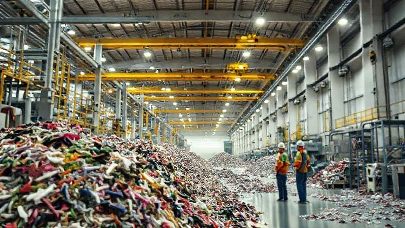 Photorealistic, professional photography, 8K, cinematic lighting, sharp focus, depth of field, shot on a high-end DSLR. An expansive, modern textile recycling plant interior. Large machinery and sophisticated conveyor systems are visible, processing mountains of textile waste. The scene conveys industrial scale and efficiency, with a few technicians in protective gear overseeing the operations. Bright, clean environment.