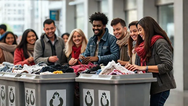 Photorealistic, professional photography, 8K, cinematic lighting, sharp focus, depth of field, shot on a high-end DSLR. A diverse group of people, smiling and engaged, depositing old clothes into clearly marked, modern textile recycling bins in a bright, clean urban setting. The bins are designed to be appealing and accessible, with clear instructions. The atmosphere is one of community action and positive environmental impact.
