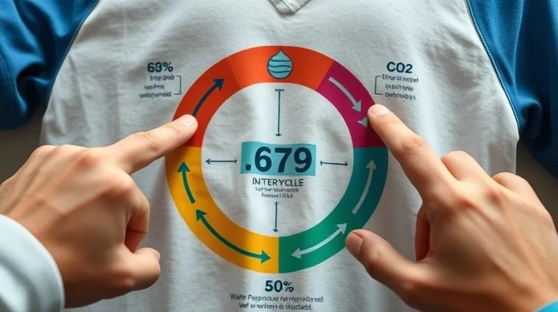 A photorealistic, professional photography, 8K, cinematic lighting, sharp focus, depth of field, shot on a high-end DSLR, of a vibrant infographic displaying the lifecycle of a recycled garment, with statistics on water saved and CO2 reduced. Hands are pointing to different sections of the infographic, suggesting engagement and understanding.