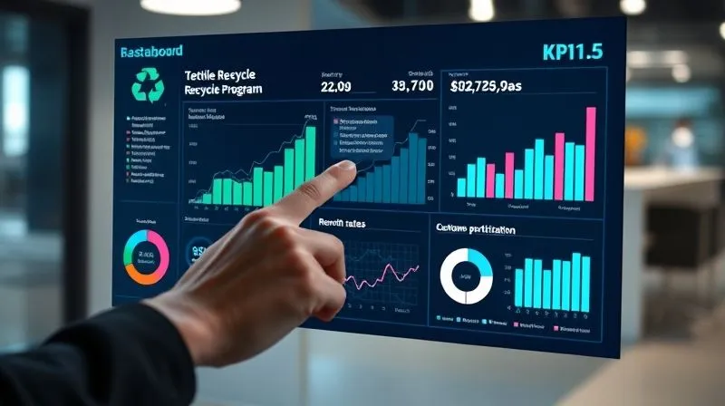 A photorealistic image of a data dashboard displaying various KPIs related to a textile recycling program, with graphs showing upward trends in return rates and customer participation. A hand is interacting with a touchscreen, suggesting data analysis and optimization. Cinematic lighting, sharp focus on the screen, depth of field blurring a modern office background, 8K hyper-detailed.