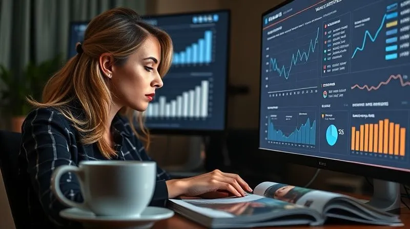 Photorealistic, professional photography, 8K, cinematic lighting, sharp focus, depth of field, shot on a high-end DSLR. A stylish woman, a fashion blogger, intently studying complex web analytics on a large monitor, her face illuminated by the screen. The data shows detailed demographic breakdowns and engagement metrics, not just traffic numbers. A coffee cup and a fashion magazine are subtly blurred in the foreground.