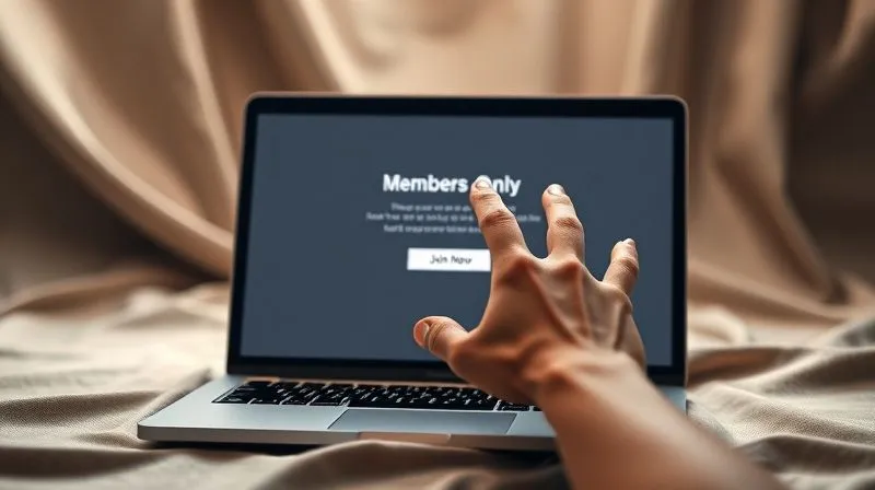 Photorealistic, professional photography, 8K, cinematic lighting, sharp focus, depth of field, shot on a high-end DSLR. A stylish, minimalist laptop screen displaying a membership portal or a 'members-only' section of a fashion blog. A hand is reaching out to click a 'Join Now' button. The background features a subtle, luxurious fabric texture, symbolizing exclusivity and premium content.