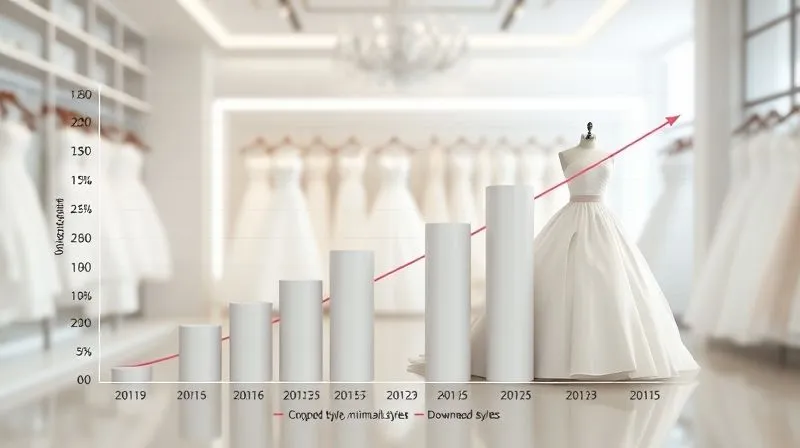 A photorealistic 3D bar chart showing a comparison of bridal gown sales by silhouette over the last three years, with a clear upward trend for modern, minimalist styles and a downward trend for traditional, voluminous gowns. The chart should feature vibrant, professional colors against a clean, contemporary boutique background, cinematic lighting, sharp focus, depth of field.