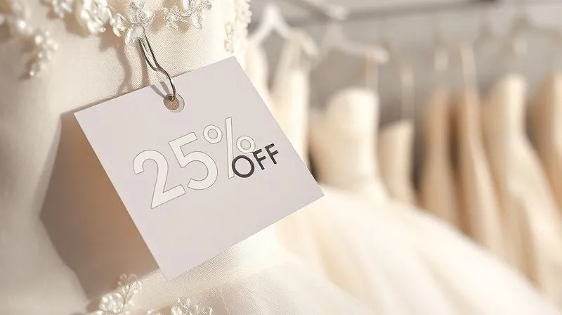 A photorealistic close-up of a elegant modern bridal gown tag with a clear, professionally designed '25% Off' sticker, subtly reflecting soft, studio lighting. The background is a gently blurred rack of other beautiful gowns, suggesting an organized sale event, sharp focus, depth of field.