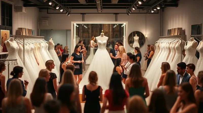 A photorealistic image of a vibrant bridal trunk show in a chic boutique, featuring several modern bridal gowns beautifully displayed on mannequins and racks, with excited brides and consultants interacting. Cinematic lighting highlights the gowns, sharp focus on the central display, depth of field blurring the background crowd, conveying energy and movement.