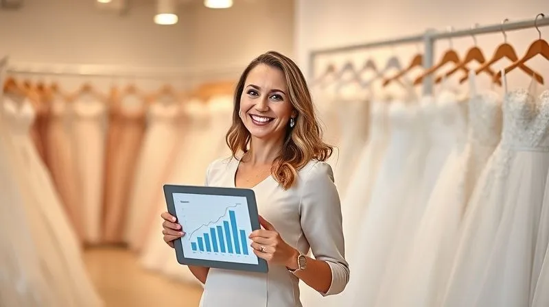 A photorealistic image of a successful bridal boutique owner smiling confidently, standing in a beautifully organized and modern showroom filled with elegant gowns. She is looking towards the viewer, holding a tablet displaying positive growth charts. The background features soft, warm lighting and a sense of calm efficiency, sharp focus on the owner, depth of field blurring the gowns, conveying success and strategic mastery.
