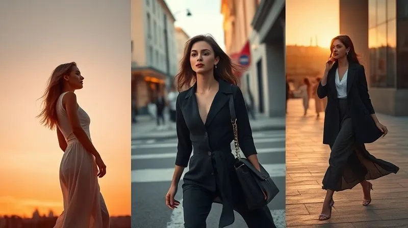 A photorealistic, professional photography, 8K, cinematic lighting, sharp focus, depth of field, shot on a high-end DSLR, showing a sequence of three distinct but visually cohesive fashion moments. The first image shows a model in a contemplative pose at dawn, the second shows her dynamically navigating a city street in daylight, and the third shows her in a relaxed, elegant evening setting, all conveying a seamless progression of a day.