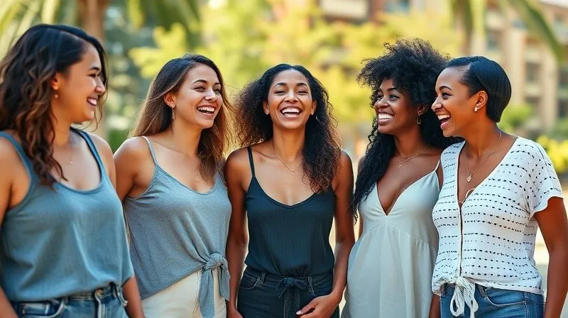 A photorealistic, professional photography, 8K, cinematic lighting, sharp focus, depth of field, shot on a high-end DSLR, of a diverse group of models of various ages, body types, and ethnicities, laughing genuinely and interacting naturally in a sun-drenched, casual outdoor setting. The focus is on their authentic expressions and the natural flow of the clothing, with minimal styling and retouching.
