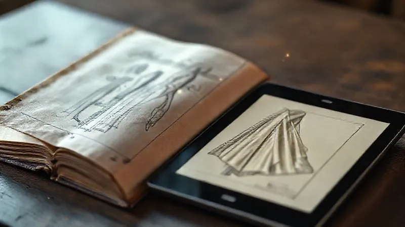 A photorealistic, professional photography, 8K, cinematic lighting, sharp focus, depth of field shot of an antique haute couture sketch book open next to a modern digital tablet displaying a 3D rendering of a redesigned garment inspired by the sketch, with delicate, luminous threads connecting the two, symbolizing heritage reinterpretation.