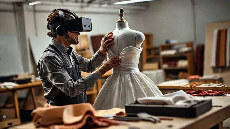 A photorealistic, professional photography, 8K, cinematic lighting, sharp focus, depth of field shot of a master pattern maker wearing an AR headset, meticulously adjusting a virtual haute couture gown draped over a digital mannequin, with traditional fabric swatches and tools laid out on a workbench in the foreground.