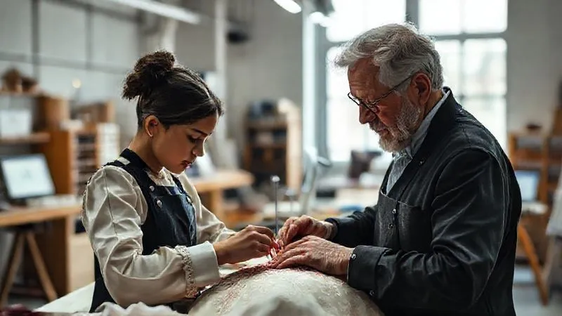 A photorealistic, professional photography, 8K, cinematic lighting, sharp focus, depth of field shot of a young, focused artisan delicately hand-embroidering a haute couture garment, with an older, experienced master couturier gently guiding their hand, in a brightly lit, modern atelier blending traditional tools with subtle digital screens in the background.