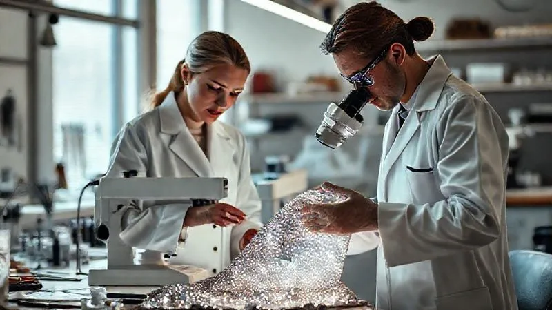A photorealistic image of a haute couture atelier where a designer in a pristine white coat is collaborating with a scientist in a lab coat, looking at a shimmering, responsive textile under a microscope. The background shows both traditional sewing tools and advanced scientific equipment, bathed in soft, conceptual lighting, 8K, cinematic lighting, sharp focus, depth of field, shot on a high-end DSLR.