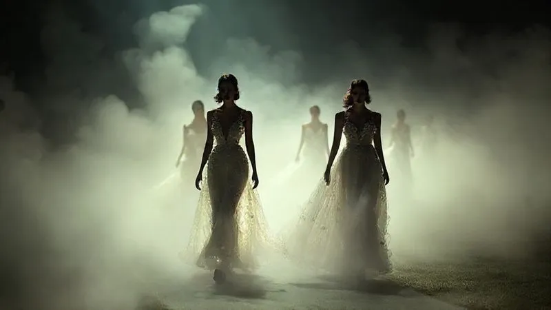 A photorealistic, professional photography, 8K, cinematic lighting, sharp focus, depth of field, shot on a high-end DSLR, of a haute couture runway show where models glide through an ethereal, mist-filled landscape, with garments that seem to glow from within, telling a silent, dramatic story. The lighting is dramatic and moody, highlighting the intricate details of the clothing and the emotional expressions of the models.