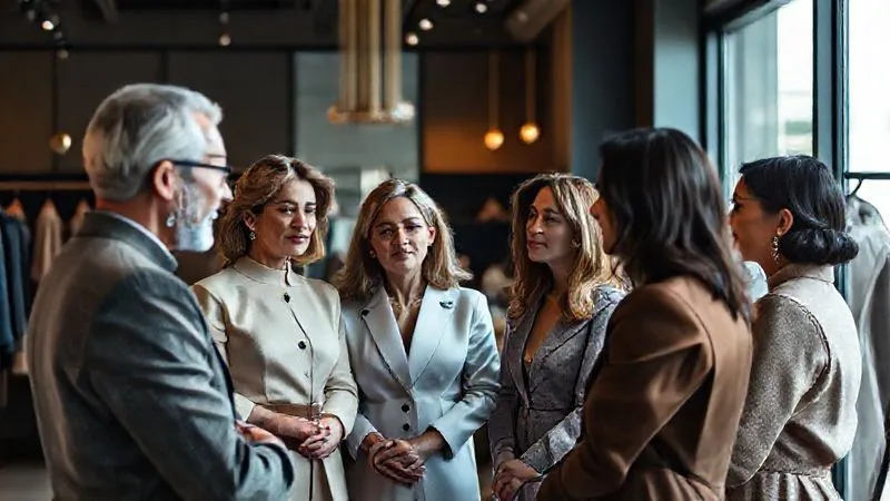 A photorealistic image of a diverse group of sophisticated haute couture clients, representing different ages and cultures, engaged in an intimate, personalized consultation within a luxurious, modern atelier. The atmosphere is one of exclusive bespoke service, with designers listening attentively, and subtle hints of innovative design elements in the background, 8K, cinematic lighting, sharp focus, depth of field, shot on a high-end DSLR.