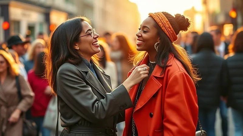 A vibrant, photorealistic scene of two fashion bloggers collaborating on a street style shoot, one adjusting a detail on the other's outfit, both laughing genuinely, surrounded by a diverse, stylish crowd, golden hour cinematic lighting, sharp focus on the interaction, depth of field creating a lively blur, 8K hyper-detailed. photorealistic, professional photography, 8K, cinematic lighting, sharp focus, depth of field, shot on a high-end DSLR