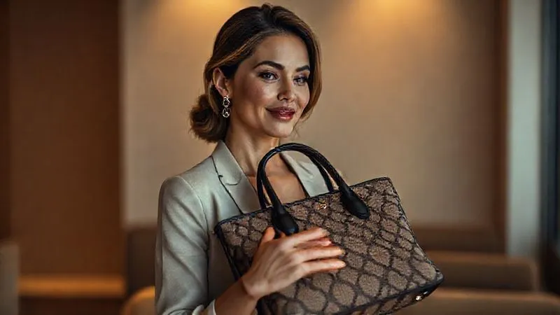 photorealistic, professional photography, 8K, cinematic lighting, sharp focus, depth of field, shot on a high-end DSLR, a sophisticated woman in a minimalist luxury setting, elegantly holding a designer handbag that subtly glows with an integrated smart feature, her expression calm and appreciative, reflecting the seamless blend of technology and classic style.