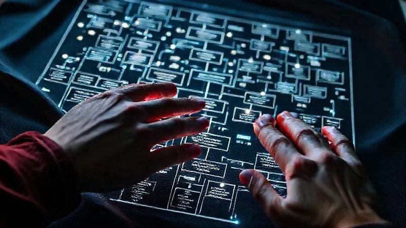 A photorealistic, professional photography, 8K, cinematic lighting, sharp focus, depth of field shot on a high-end DSLR, showing a complex, illuminated digital flowchart overlaying a fabric swatch, symbolizing the mapping of fashion workflows. Hands are subtly interacting with holographic data points.