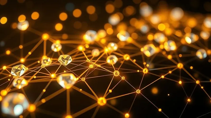 A photorealistic rendering of a glowing, intricate blockchain network overlaid with images of diamonds and gold nuggets. The network lines connect these elements, signifying traceability. Data points appear as holographic text bubbles, illustrating the journey of a gemstone. Professional photography, 8K, cinematic lighting, sharp focus on the blockchain, depth of field, shot on a high-end DSLR.
