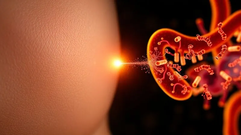 A photorealistic, professional photography, 8K, cinematic lighting, sharp focus, depth of field, shot on a high-end DSLR, depicting a subtle, artistic visualization of the gut-skin axis. On one side, a healthy, glowing human skin texture with microscopic detail. On the other, a vibrant, abstract representation of a balanced gut microbiome with beneficial bacteria. A gentle, luminous energy flow connects the two, symbolizing their intrinsic relationship in holistic beauty.