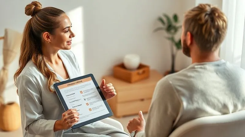 A photorealistic, professional photography, 8K, cinematic lighting, sharp focus, depth of field, shot on a high-end DSLR, depicting a serene and empathetic spa consultation. A knowledgeable esthetician, dressed professionally, sits across from a client, both engaged in a natural conversation. The esthetician holds a tablet displaying a holistic intake form with questions about diet and lifestyle, while subtly gesturing towards the client's face, symbolizing a comprehensive approach to beauty. Soft, natural light illuminates the scene, conveying trust and expertise.
