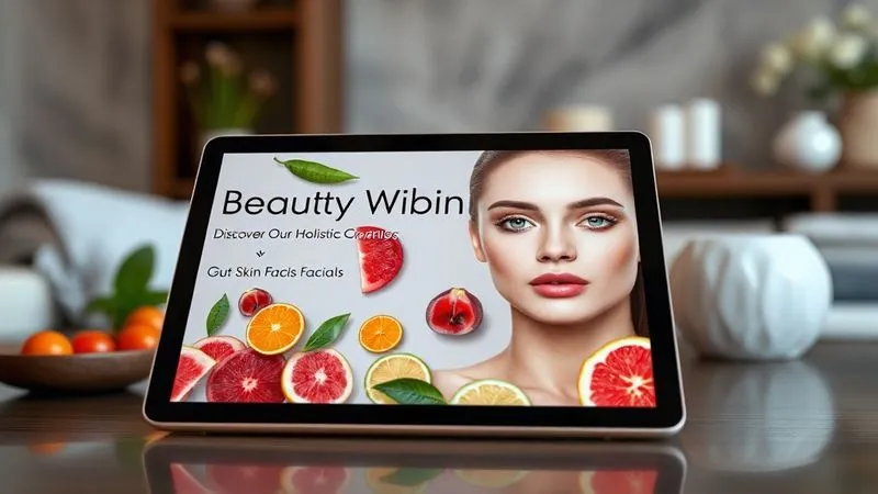 A photorealistic, professional photography, 8K, cinematic lighting, sharp focus, depth of field, shot on a high-end DSLR, showcasing a beautifully designed spa brochure or digital ad on a tablet, featuring imagery of healthy skin, vibrant fruits, and serene spa elements. The headline clearly communicates "Beauty From Within: Discover Our Holistic Gut-Skin Facials." In the background, a subtle, elegant spa interior, indicating a premium and trustworthy brand. The overall image is aspirational and professional, targeting a health-conscious clientele.