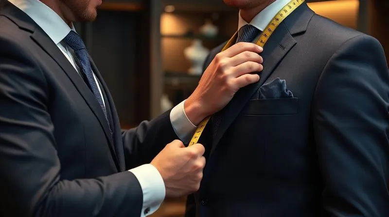 A photorealistic image of a professional male tailor, with measuring tape around his neck, meticulously adjusting the sleeve length of a navy suit jacket on a well-dressed male client in a classic, elegant tailoring shop, 8K, cinematic lighting, sharp focus on the hands and fabric, depth of field blurring the background.