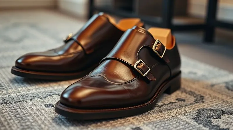 A photorealistic, close-up shot of a pair of impeccably polished dark brown leather double monk strap shoes, with sharp focus on the buckles and leather texture, resting on a clean, subtly patterned office carpet. The lighting is soft and professional, highlighting the shoe's craftsmanship, 8K, cinematic lighting, depth of field.