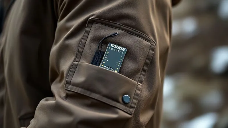 A photorealistic, professional photography, 8K, cinematic lighting, sharp focus, depth of field, shot on a high-end DSLR, showing a modular smart jacket. A small, sleek electronic module is being snapped into a dedicated, reinforced pocket on the sleeve, with conductive fabric patches visible at the connection point. The jacket fabric looks rugged and durable, in an outdoor setting, suggesting practical application.