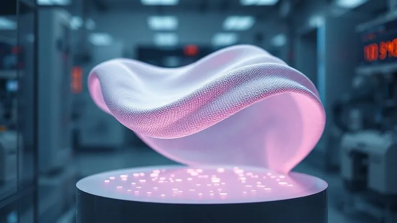 A photorealistic, professional photography, 8K, cinematic lighting, sharp focus, depth of field, shot on a high-end DSLR, showing a futuristic, sleek textile that appears almost liquid, with subtle, organic light patterns flowing beneath its surface, suggesting self-healing properties and advanced material science. The textile is draped elegantly over a minimalist, modern form, in a high-tech lab environment.