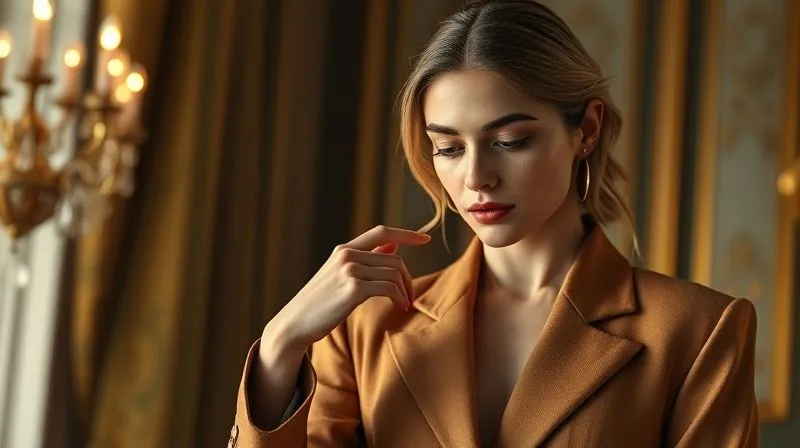 A photorealistic, professional photography, 8K, cinematic lighting, sharp focus, depth of field, shot on a high-end DSLR, showing a beautifully designed luxury fashion advertisement. A model is subtly interacting with a smart garment, with a tagline that hints at 'invisible innovation' or 'elegance redefined'. The lighting is soft and opulent, emphasizing the fabric's texture and the model's sophisticated expression, without any visible tech elements.