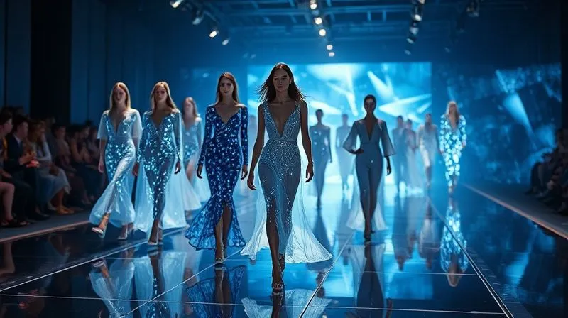 A photorealistic, professional photography, 8K, cinematic lighting, sharp focus, depth of field, shot on a high-end DSLR, showing a conceptual luxury fashion runway. Models glide past, their garments subtly shimmering with integrated, almost invisible light patterns that react to their movement. Holographic elements occasionally appear around them, showcasing data or artistic patterns, blending seamlessly with the haute couture designs, suggesting a harmonious blend of AI-powered fashion and AR experiences.