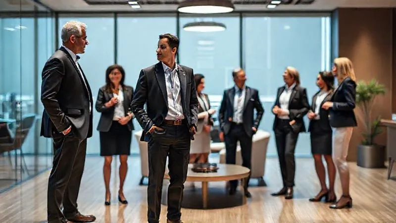 photorealistic, professional photography, 8K, cinematic lighting, sharp focus, depth of field, shot on a high-end DSLR. A diverse group of senior executives, men and women, in a modern office lounge, engaging in conversation. They are dressed in refined business casual attire – tailored blazers, crisp shirts, smart trousers/skirts, and polished leather shoes. The focus is on their understated elegance and confident demeanor, with a subtle emphasis on their quality fabrics and impeccable fit. A younger professional in the foreground subtly observes their style.