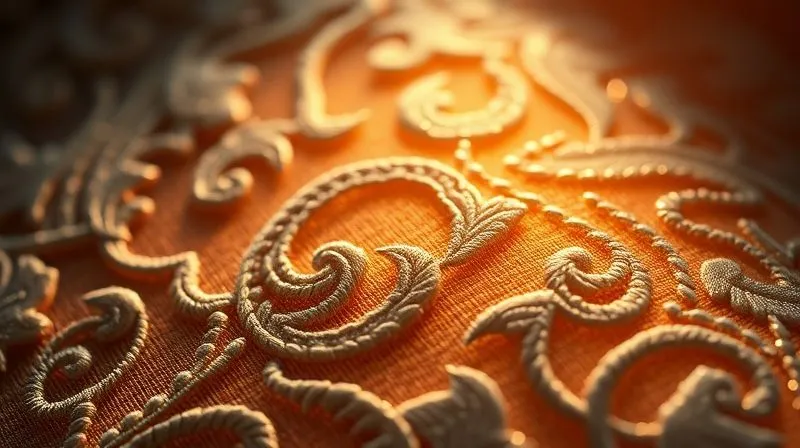A close-up of a highly magnified section of haute couture fabric, showing intricate hand-sewn details, with a focused light revealing the weave and embroidery, photorealistic, professional photography, 8K, cinematic lighting, sharp focus, depth of field, shot on a high-end DSLR.