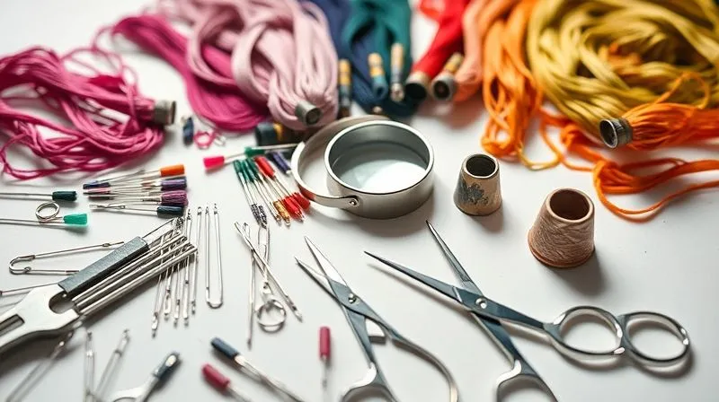 A meticulously organized array of haute couture repair tools: ultrafine needles, silk threads in various hues, a jeweler's loupe, thimbles, and small scissors, all laid out on a pristine white work surface, professional photography, 8K, cinematic lighting, sharp focus, depth of field, shot on a high-end DSLR.