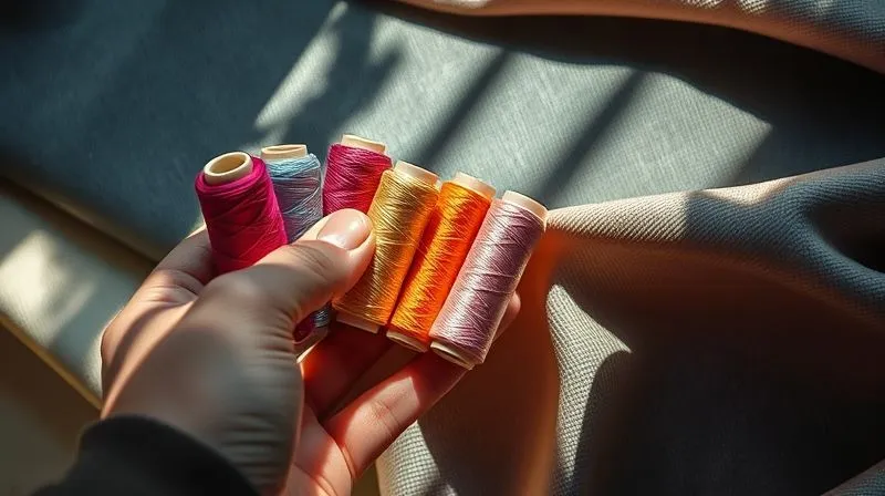A skilled hand holding several spools of silk thread, comparing their colors against a small swatch of haute couture fabric, with a natural light source illuminating the subtle color differences, photorealistic, professional photography, 8K, cinematic lighting, sharp focus, depth of field, shot on a high-end DSLR.