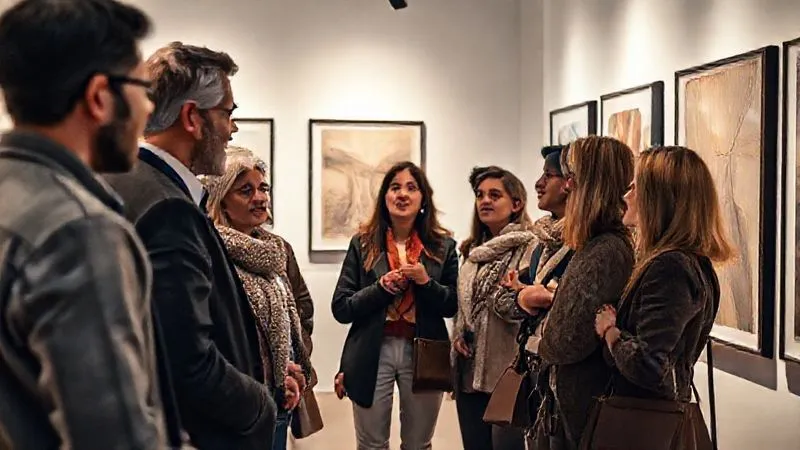 A photorealistic, professional photography, 8K image of a diverse group of affluent individuals in a modern, minimalist luxury gallery setting, engaged in thoughtful conversation, reflecting discernment and appreciation for art and craftsmanship. Cinematic lighting, sharp focus, depth of field, shot on a high-end DSLR.