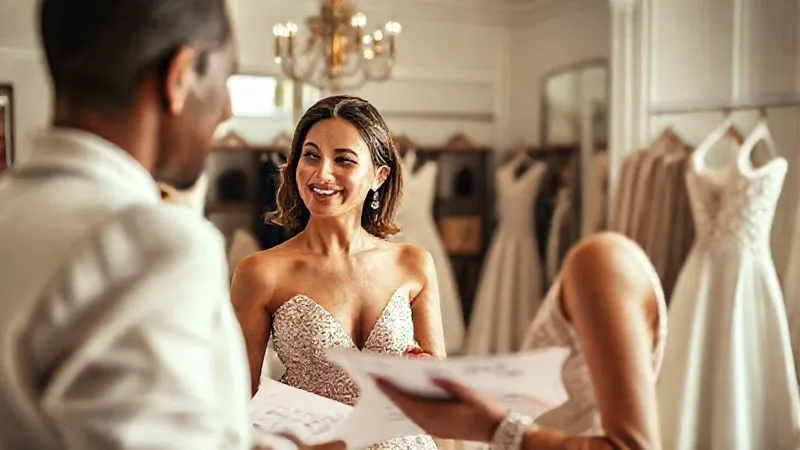 A photorealistic, professional photography, 8K image of a sophisticated client being meticulously fitted for a bespoke haute couture gown in a bright, luxurious atelier. The client is smiling subtly, looking at their reflection, surrounded by sketches, fabric swatches, and the attentive hands of an artisan. Cinematic lighting, sharp focus on the interaction, depth of field blurring the background, shot on a high-end DSLR.
