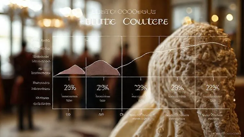 A photorealistic, professional photography, 8K image of a beautifully designed infographic or elegant chart visually explaining the components of haute couture cost: showing percentages for labor (artisans' hours), materials (rare fabrics, embellishments), design (designer's vision, pattern making), and heritage/brand value. Clean, modern aesthetic, cinematic lighting, sharp focus, depth of field, shot on a high-end DSLR.