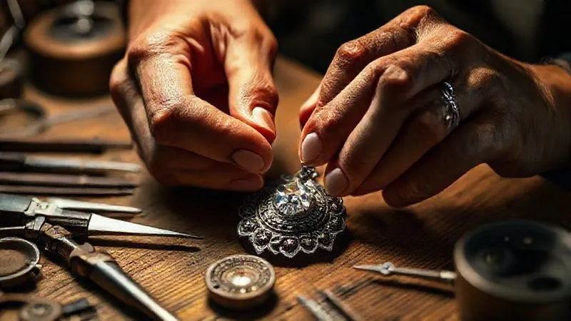 photorealistic, professional photography, 8K, cinematic lighting, sharp focus, depth of field, shot on a high-end DSLR, a close-up of skilled artisan hands meticulously setting a small, sparkling gemstone into an intricate silver pendant, surrounded by traditional jewelers' tools on a wooden workbench, warm light emphasizing craftsmanship and dedication.